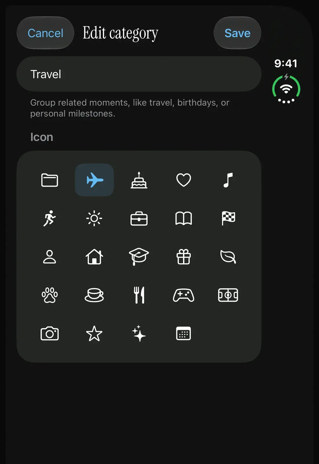 Edit a category's name or choose a different icon in Antici Settings.