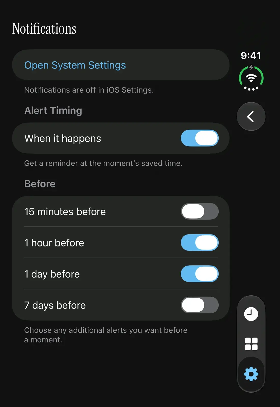 Antici Notifications showing alert timing choices and a notice that notifications are off in iOS Settings.