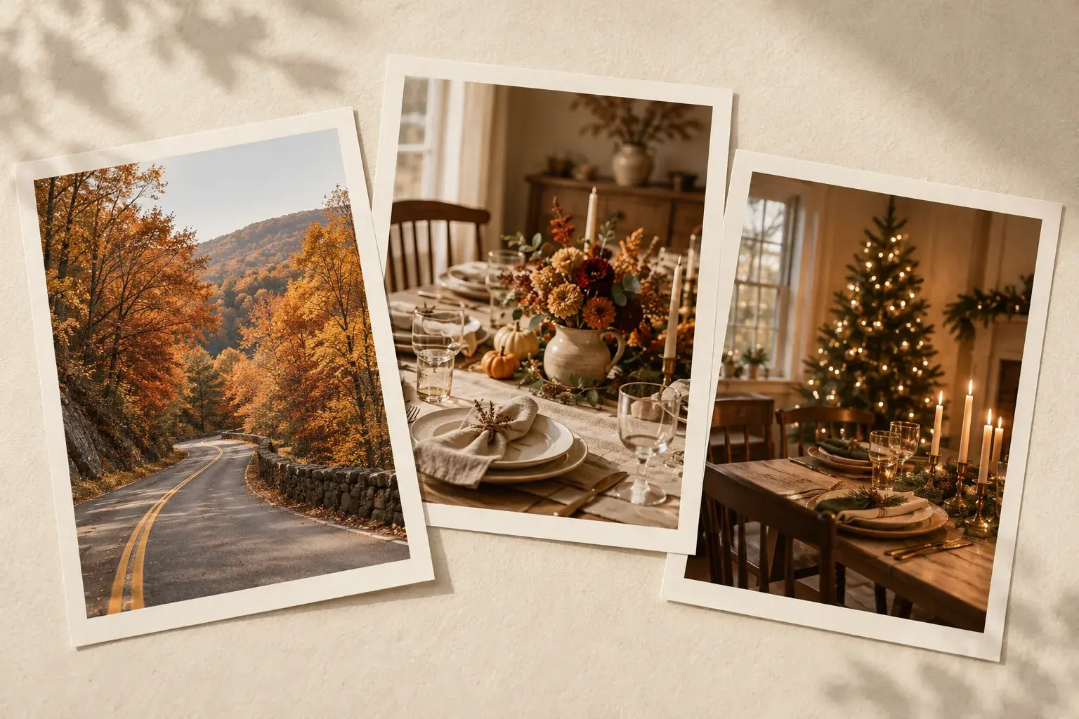 Three photo prints of an autumn road, a dinner table and a Christmas gathering on warm ivory paper.