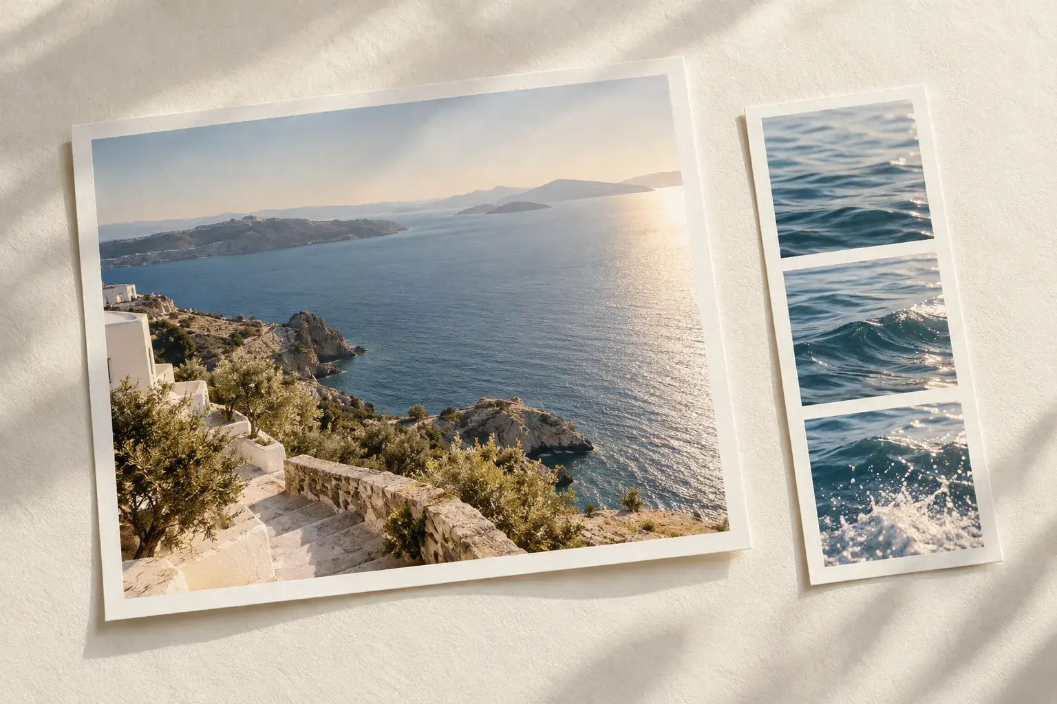A coastal photo print beside three still photographs of moving sea water, on warm ivory paper.