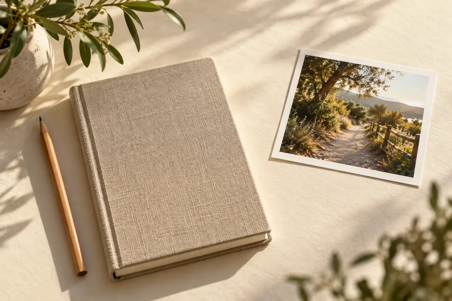 A closed linen notebook and pencil beside a photograph of a sunlit walking trail on warm ivory paper.