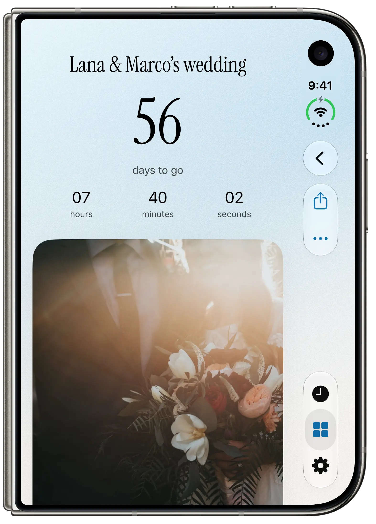 A wedding moment in Antici on iPhone Duo, with a live countdown and a large photo beneath it.