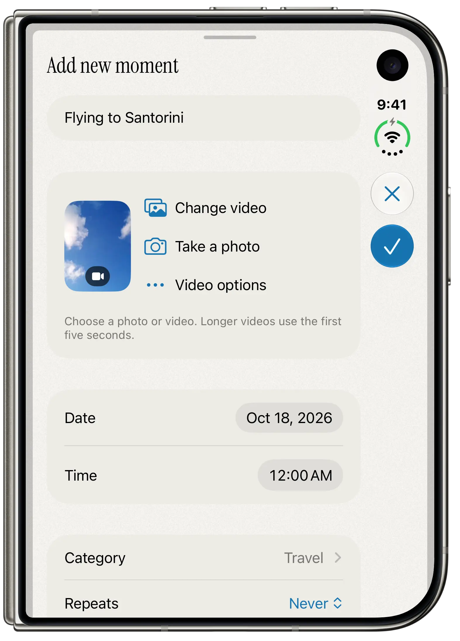Adding Flying to Santorini in Antici on iPhone Duo, with a cloud video selected, a date, and the Travel category.