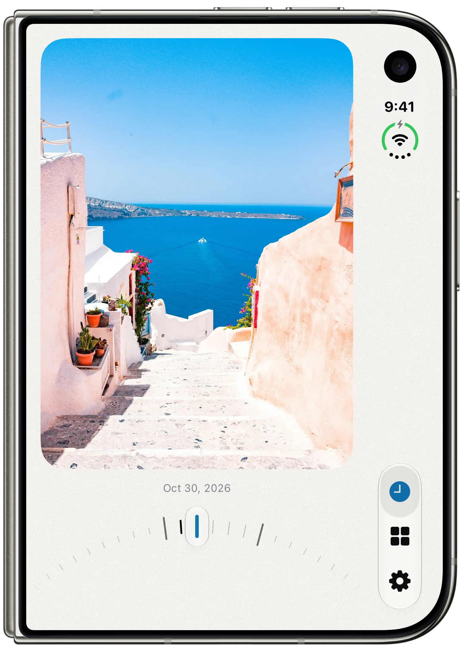 Antici Timeline on iPhone Duo, with a Santorini photo and a curved ruler for moving between moment dates.